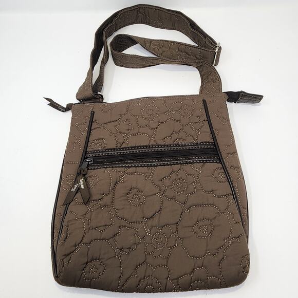 Thirty One Brown Quilted Poppy Floral Crossbody Shoulder Bag Travel Pockets - Picture 1 of 5
